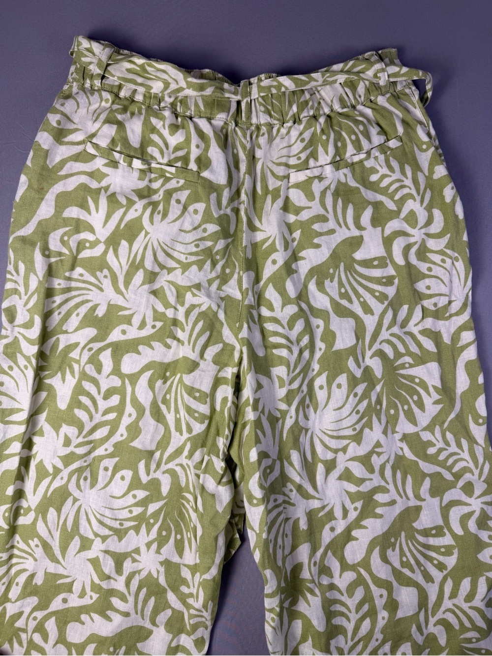 100% Linen Rachel Zoe Green and White Tropical Palm Print Wide-Leg Pants Size M - Picture 11 of 13